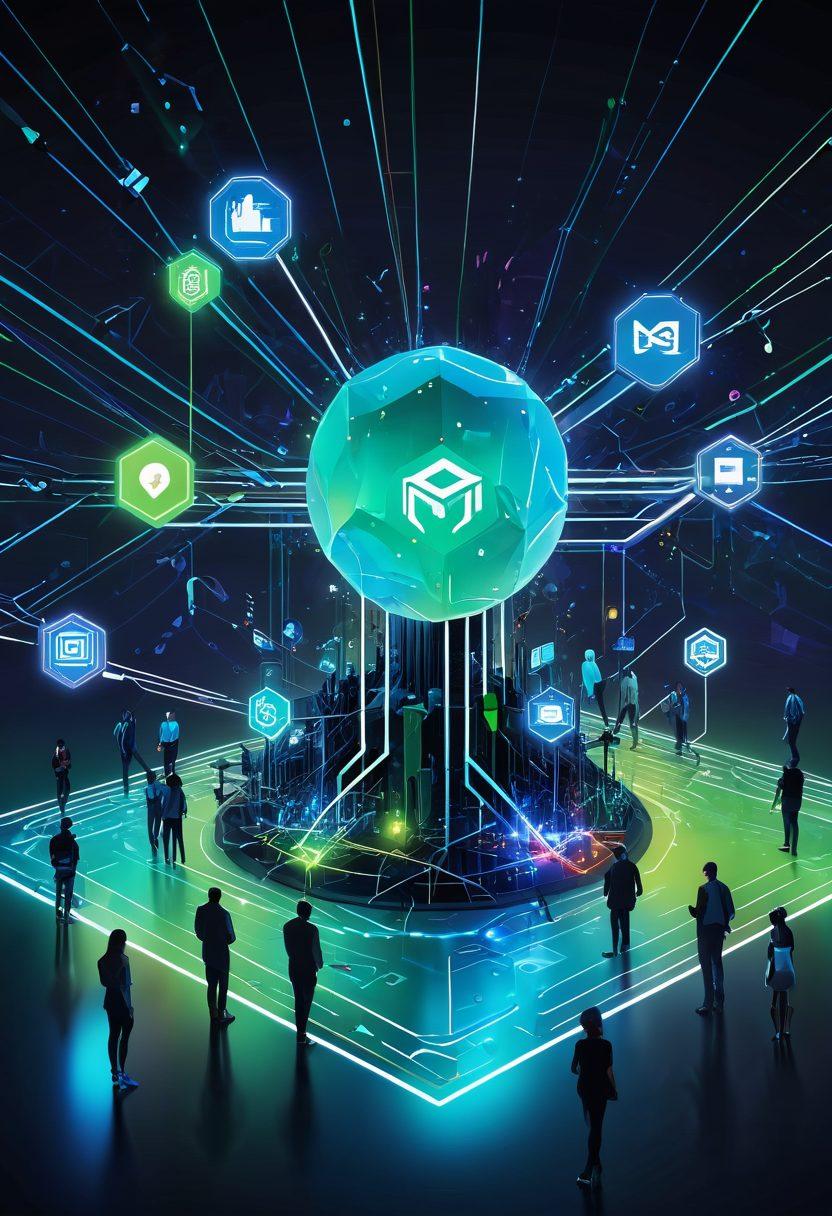 A vibrant, abstract depiction of digital communities thriving, with interconnected figures representing diverse people engaged in online interactions, surrounded by glowing tech elements like network nodes and communication icons. A prominent QB9 logo is integrated into the design, symbolizing empowerment and innovation. Bright hues of blue and green to signify a futuristic digital landscape. cyberpunk. vibrant colors. 3D.