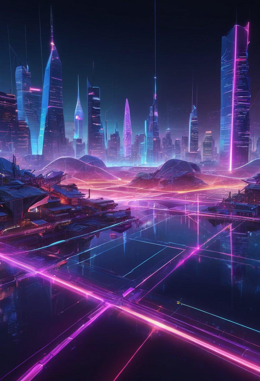 A futuristic digital landscape showcasing interconnected nodes and glowing data streams, symbolizing the online network experience revolution. Include elements like a sleek satellite, abstract representations of users connecting, and a vibrant city skyline in the background. Use bright neon colors to illustrate technology and innovation. cyberpunk. vibrant colors. 3D.