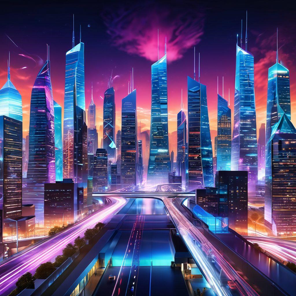 A futuristic cityscape illustrating the QB9 Network's advanced technology with interconnected digital pathways and glowing nodes symbolizing innovation. The skyline features sleek, modern architecture with vibrant energy flowing throughout, representing boundless connectivity. Include elements like virtual reality interfaces and people engaging with technology in dynamic poses. super-realistic. vibrant colors. 3D.